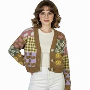 Debut Twee Hippie multicolor patchwork cardigan daisy & smiley face pattern Sm